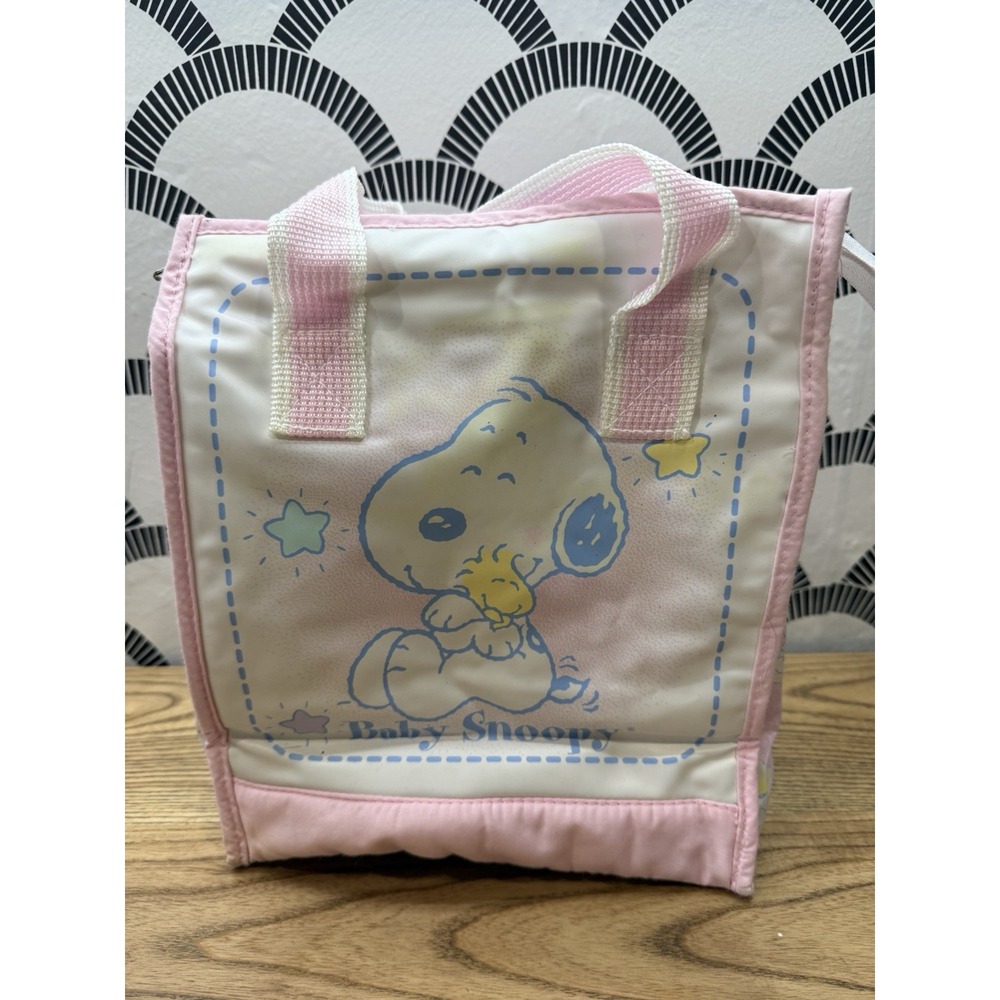 Vtg Peanuts Baby Snoopy Light Pink White Diaper Bottle Bag Vinyl Clean 11"x9"‎